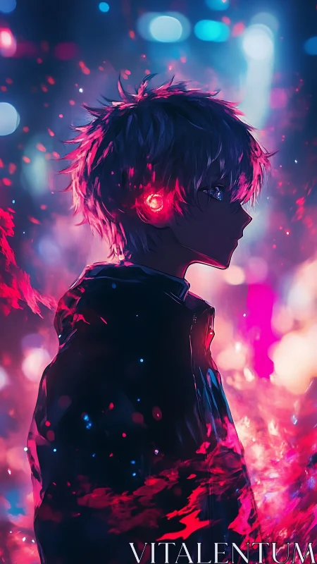 Luminous-haired anime youth glows softly in neon night haze