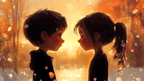 Two children silhouetted face to face in golden luminous atmosphere