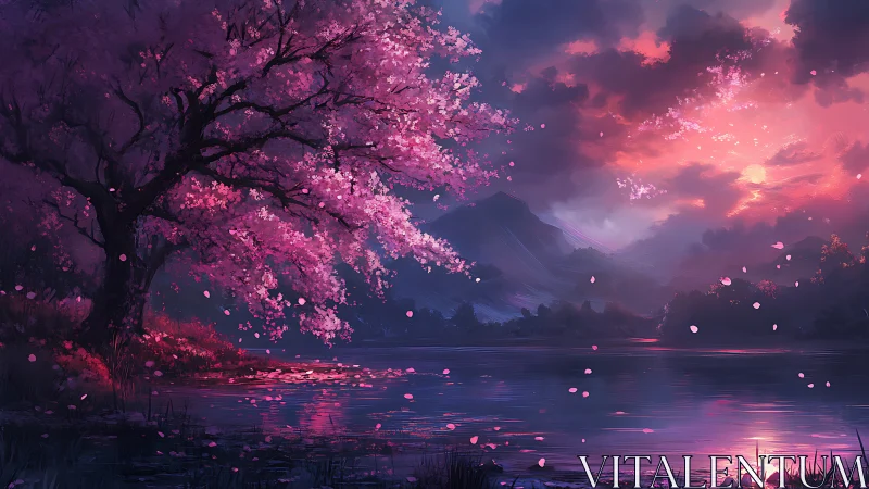 Twilight sakura dreams over a still, spellbound lakeshore.