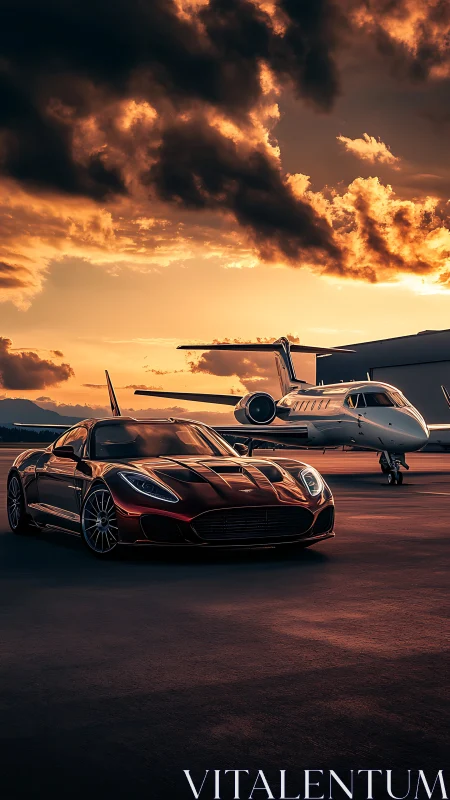 Luxury sports coupe and private jet on tarmac at sunset