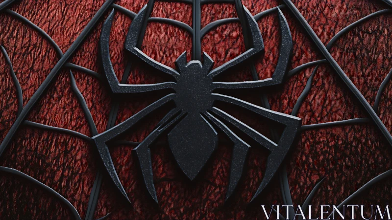 Embossed black spider emblem on textured red mesh field.