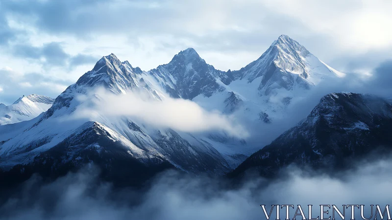 Snow covered mountain peaks rise through dense low cloud layers