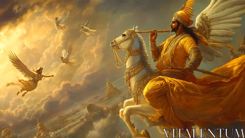 Winged horse rider with celestial figures above cityscape.