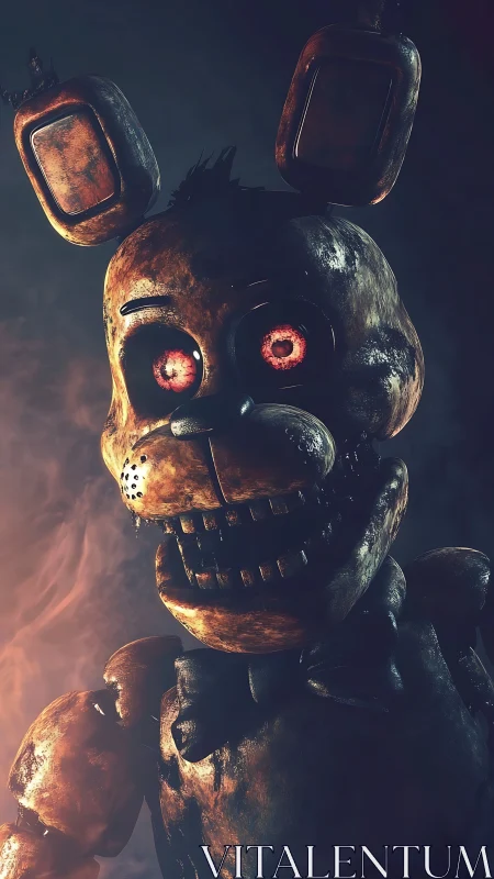 Rust-bitten animatronic grins through smoke and spotlight glare