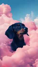 Dachshund portrait rising through soft pink dream clouds.