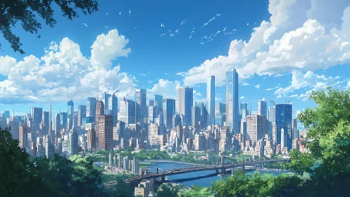 Dense modern city skyline extends above river under clouds