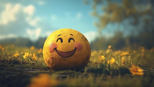 Sunlit smiley sphere resting among wildflower daydreams.