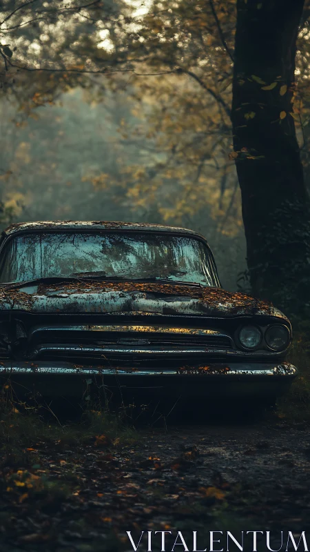 Abandoned vintage car front view in damp forest setting.