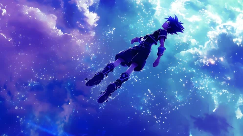 Anime boy drifts through luminous starfield skyscape