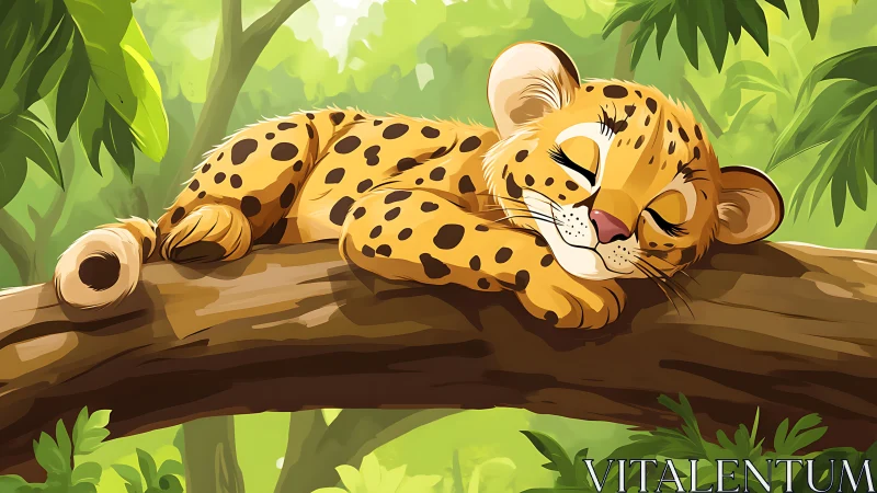 Cartoon leopard cub sleeps on sunlit jungle branch
