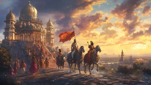 Warriors on horseback depart ornate temple at sunrise