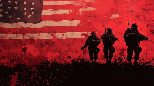 Silhouetted armed soldiers advance before distressed US flag
