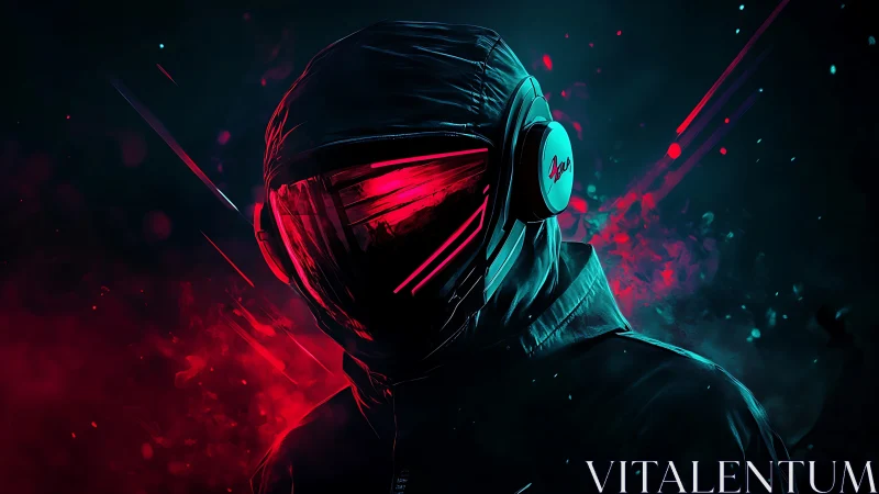 Hooded helmeted figure rendered with neon red visor lighting