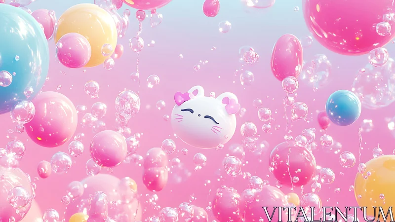 Kawaii cat balloon drifts amid pastel bubbles and orbs.