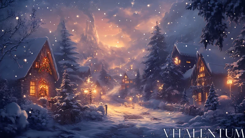 Snow-laden alpine village glows with warm nocturnal luminance