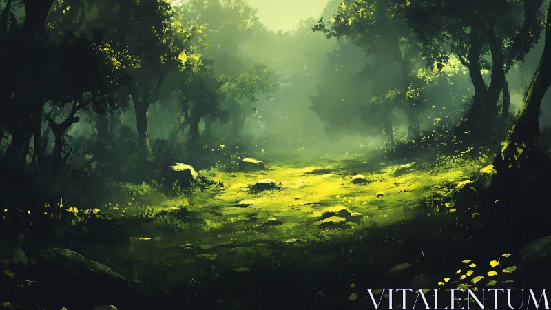 Forest clearing with dramatic golden sunlight penetrating dense canopy structure.