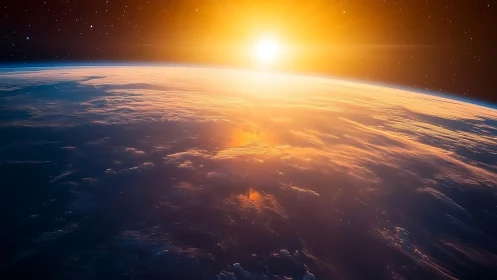 Sunrise over Earth from low orbit with illuminated clouds.