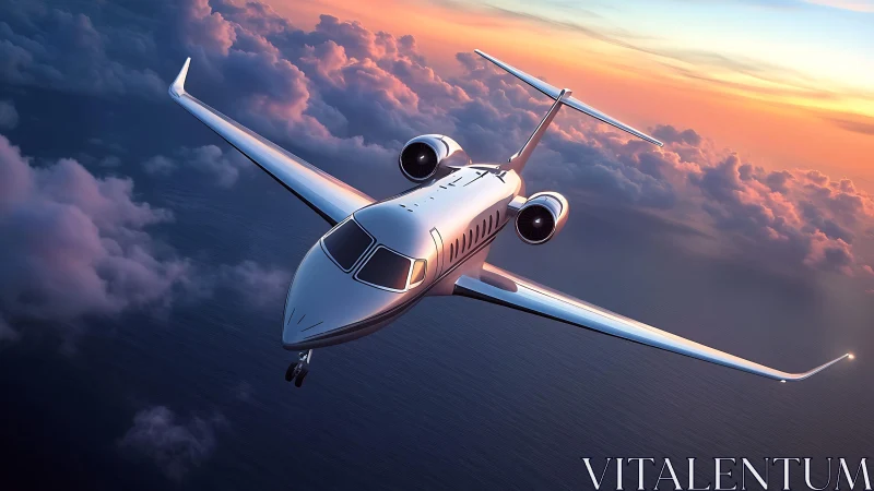Sleek private jet glides gracefully across a glowing sunset sky