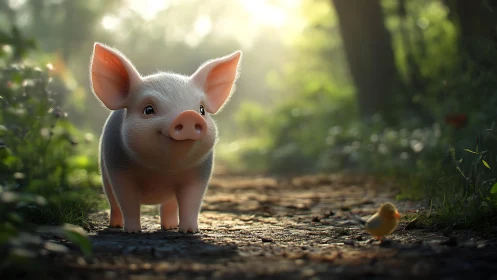 Young piglet and small bird on forest path in soft light.