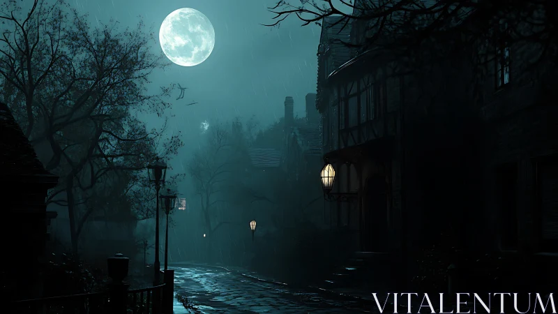 Digital painting of moonlit rain-soaked Victorian alleyway nocturne.