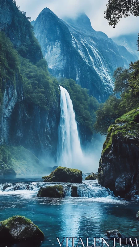 Mountain waterfall plunging into blue river basin.