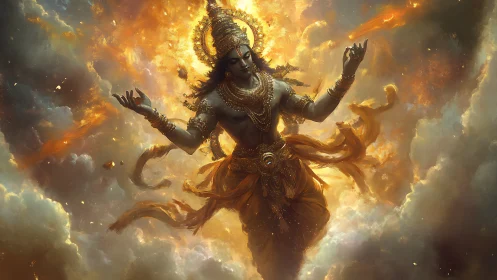 Radiant celestial figure dancing in golden swirling light.