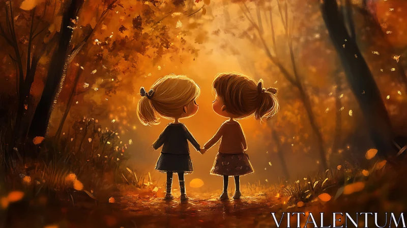 Two Girls Hold Hands While Autumn's Golden Light Embraces Them
