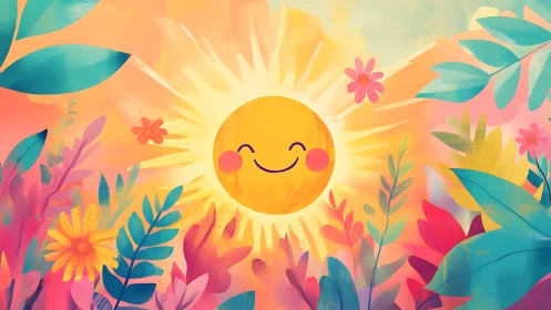 Smiling sun illustration over lush foliage in neon pastels.
