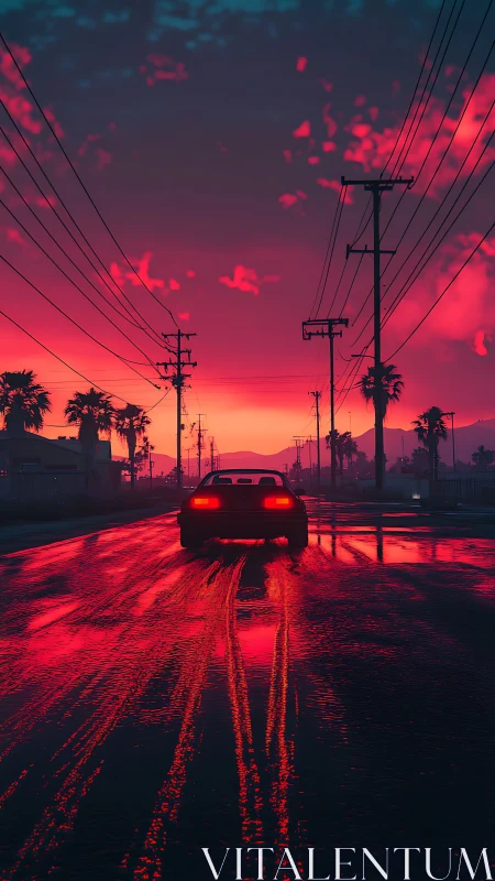 Car on wet street under power lines at vivid sunset.