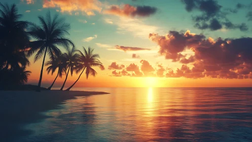 Tropical palm beach coastline under vivid sunset light.