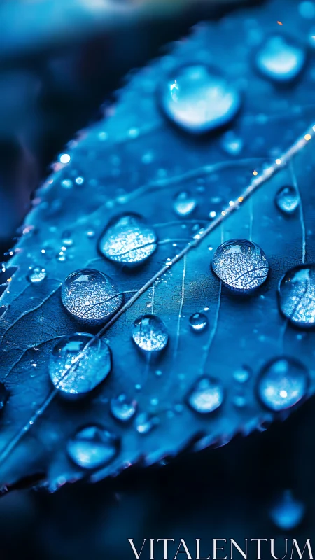 Glistening raindrops rest on a leaf in cool blue light