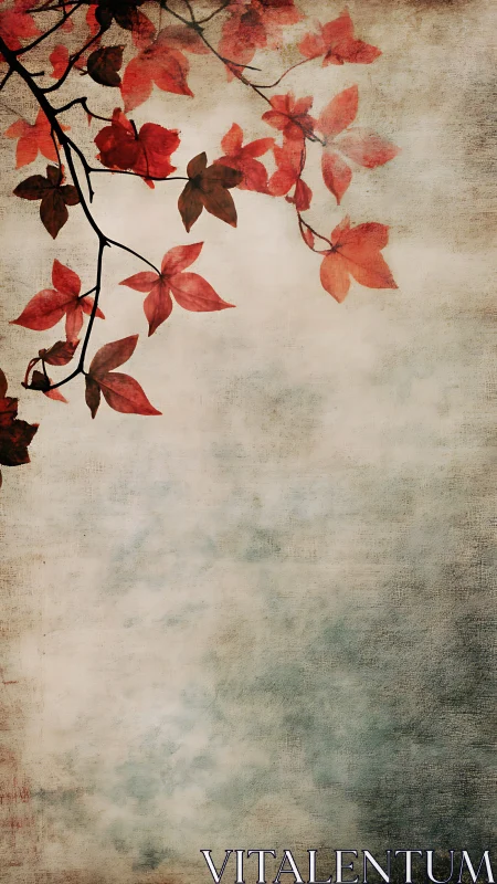 Textured autumn maple branch with red leaves on muted sky