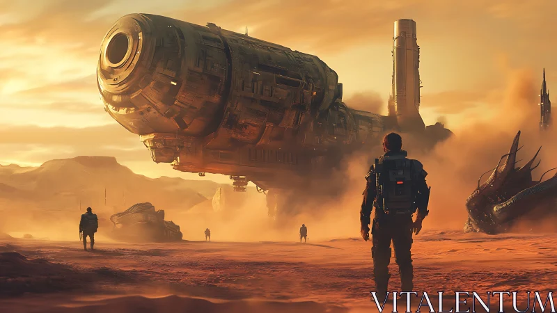 Desert astronauts watch a colossal starship breathe dust