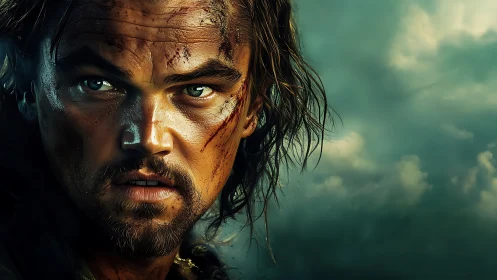 Battle-hardened survivor portrait under stormy skies.