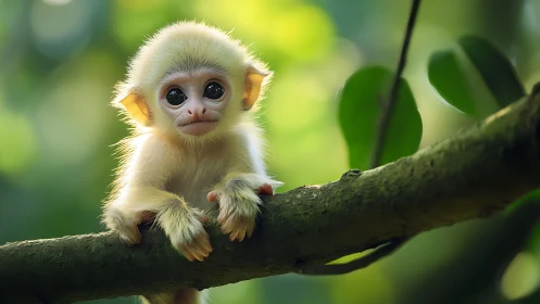 Juvenile monkey on mossy branch under soft forest backlighting