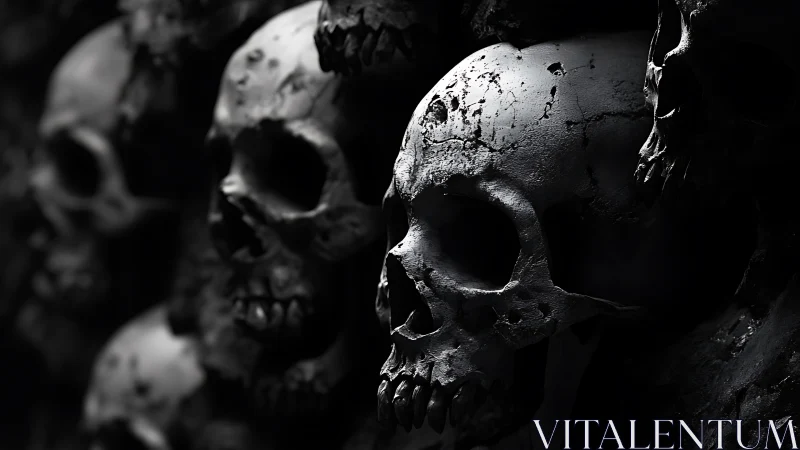 Charred human skull cluster in dramatic low key lighting.