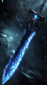 Runed frostblade glows with crackling blue ethereal energy.