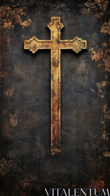 Weathered golden cross on distressed textured wall surface.