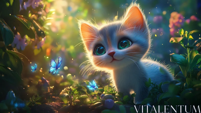 Enchanted White Kitten Among Butterflies in Magical Garden.
