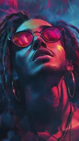 Neon-lit portrait captures upward gaze through reflective shades