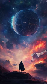 Cloaked figure observes spherical space station and warships