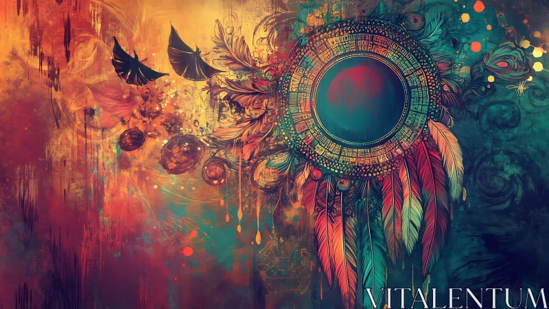 Circular abstract emblem with feathers against blended field.