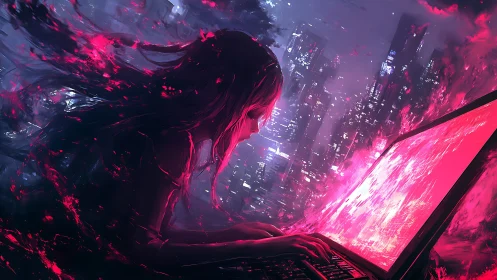 Cyberpunk neon hacker silhouette with luminous city gradient.