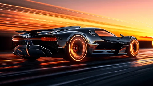 Futuristic black hypercar racing through neon sunset blaze.