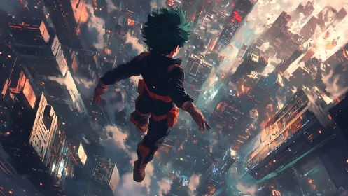 Heroic freefall over neon-lit vertical megacityscape.
