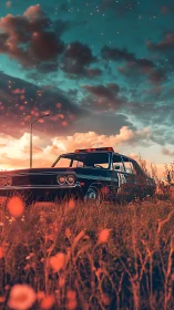 Twilight muscle car dozes in wildflowers under ember skies
