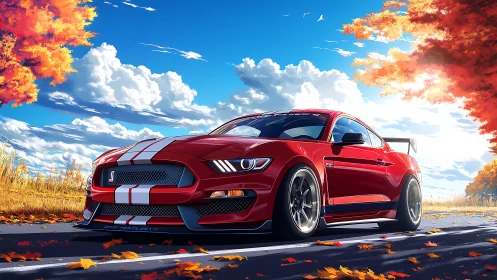 Low-angle render of red track-tuned Mustang under autumn sky