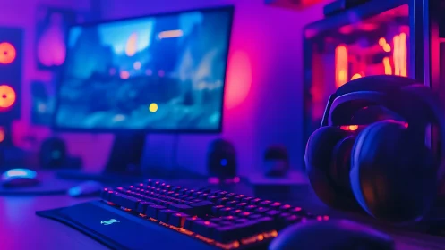 Neon gaming desk glows softly with keyboard, screen and PC