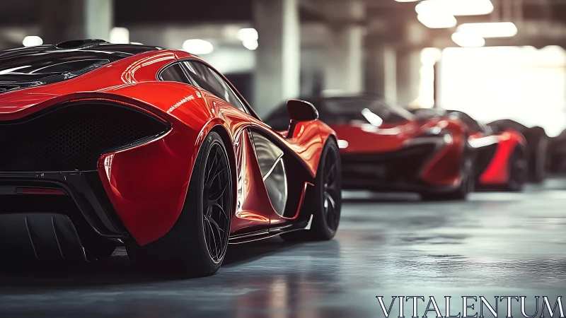 Red supercars lined in a dim underground garage.