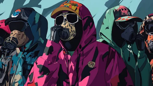Hooded figures in gas masks stand in stylized formation